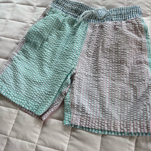 J.Crew Crewcuts Boys’ Seersucker Pink Blue Turquoise Stripes Swim Trunks Size 10 - Picture 4 of 13
